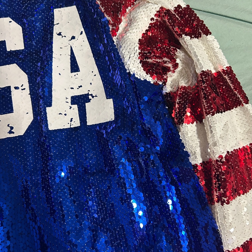 BiBi US Flag Theme Color Block Sequin Bomber Jacket - Picture 6 of 14